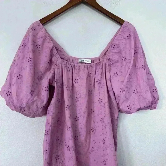 Zara Broderie Anglaise Ruffle Mini Dress Womens M Medium Pink Embroidered - Picture 4 of 8